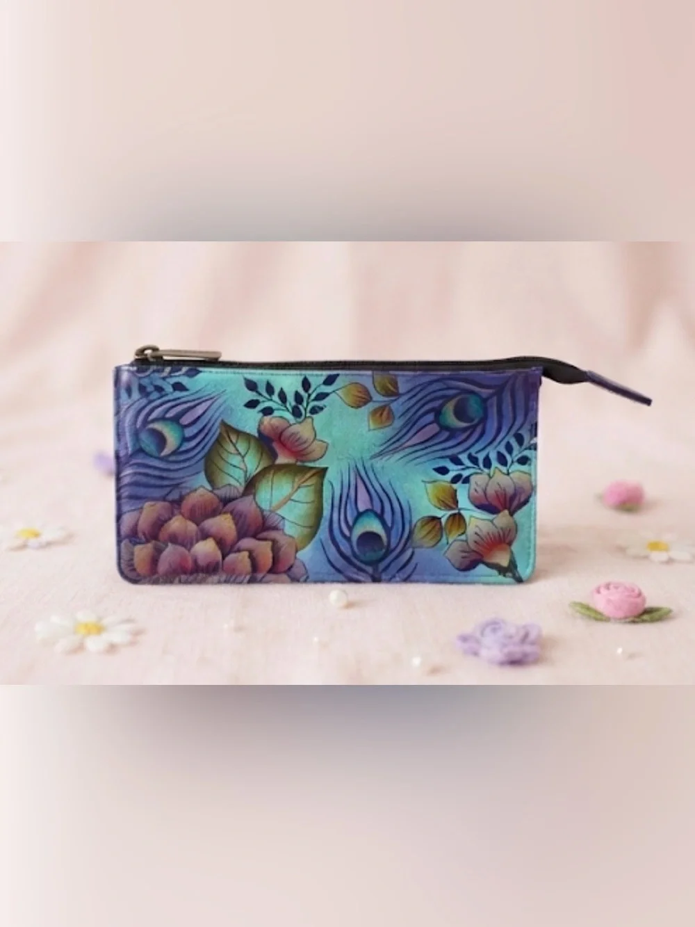 Anuschka Hand Painted Leather  Floral Peacock Feather Zip Pouch